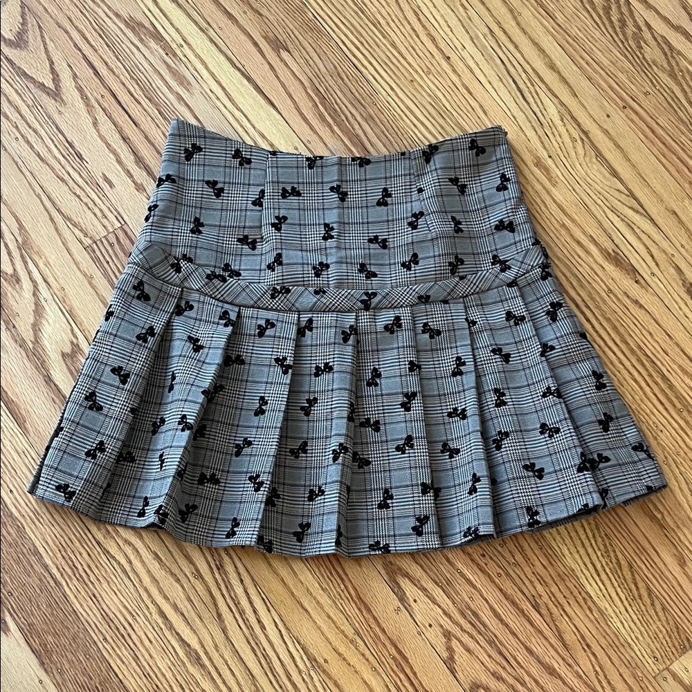 Brown Plaid Skater Skirt with Black Embroidered Bows Design Size S